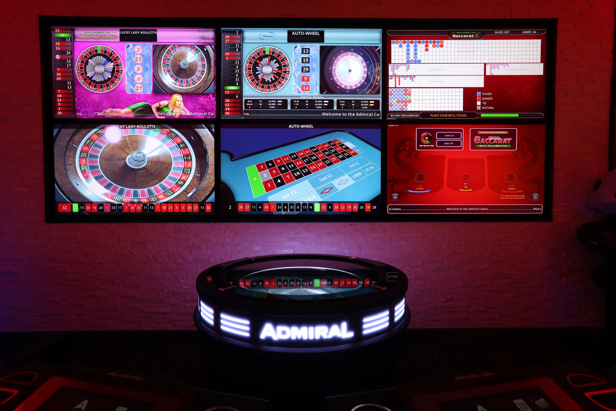 Circular electronic roulette terminals on the gaming floor